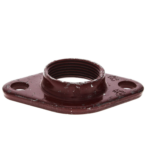 A brown metal Vulcan pipe flange with holes.