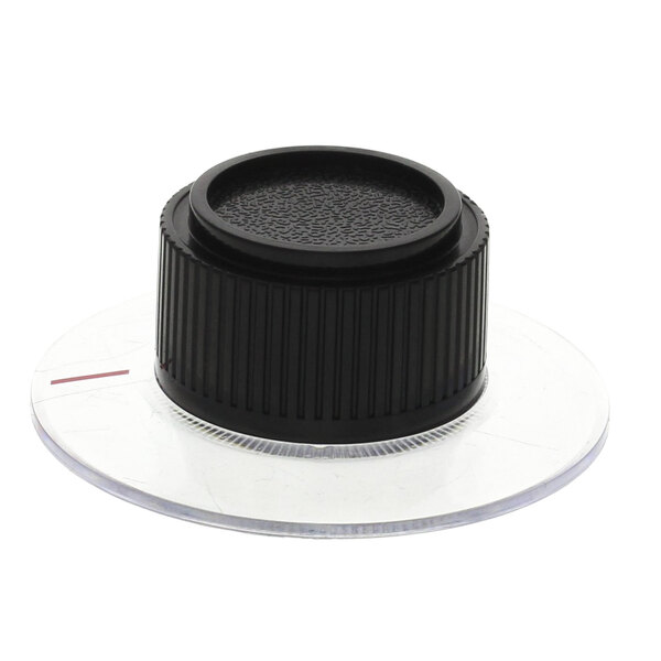 A black plastic round knob with a black cap.