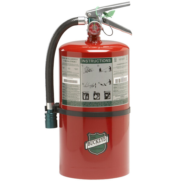 A red Buckeye fire extinguisher with a hose.