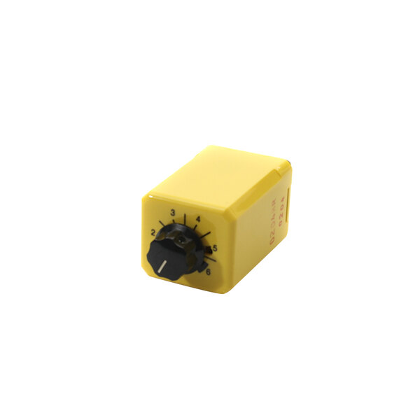 A yellow Blakeslee relay timer with a black knob.
