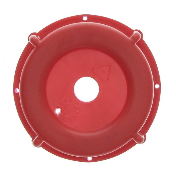 A red circular Rational Can Stopper with holes.