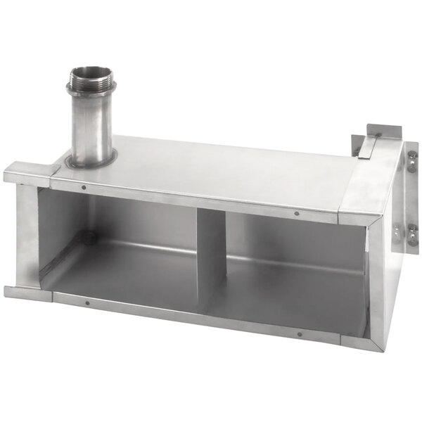 An APW Wyott stainless steel water pan shelf with a metal pipe.
