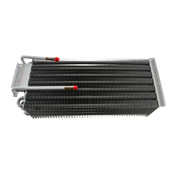 A metal heat exchanger with a red handle.