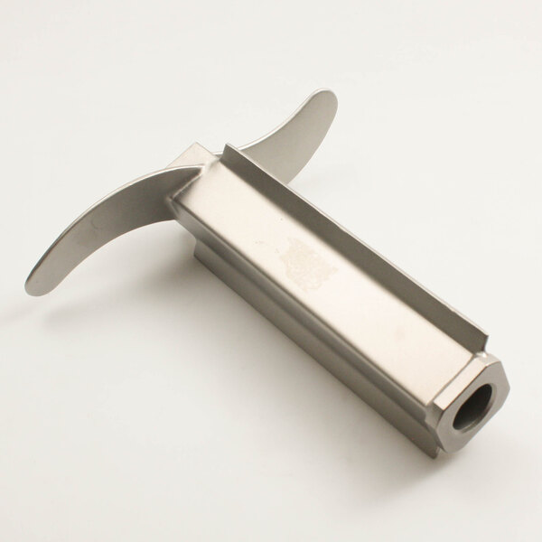 A close-up of a stainless steel Stephan 2347 kneading shaft with two blades and a screw.