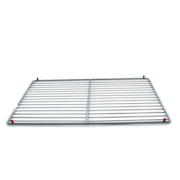 A metal grid shelf with red tips on a white background.
