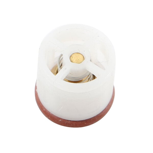 A close-up of a white plastic Rational non-return valve with a round hole and gold cap.