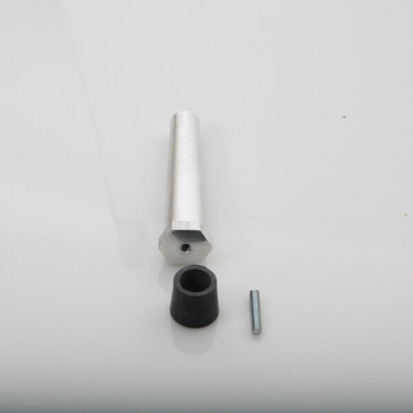 A metal cylinder with black and silver screws on the ends.