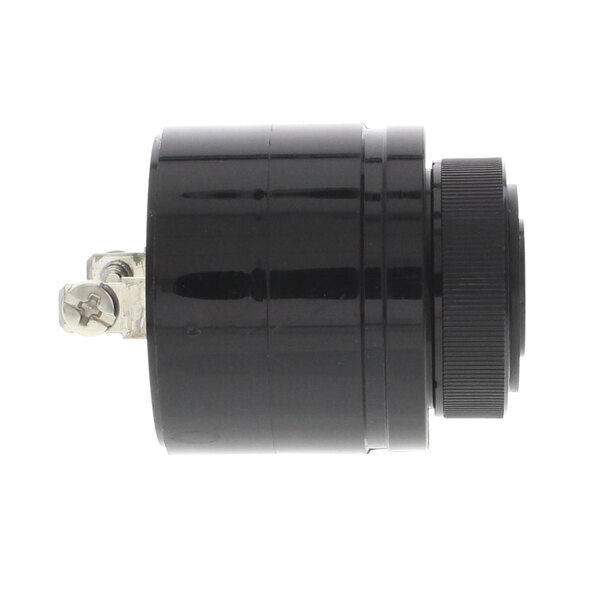 A black cylindrical buzzer with a black cap and screw.