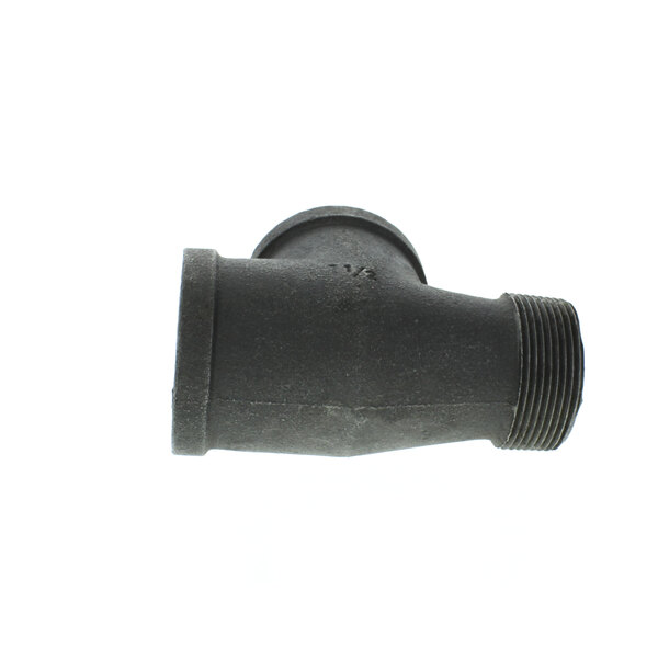 A Cleveland black pipe fitting with a small hole in it.