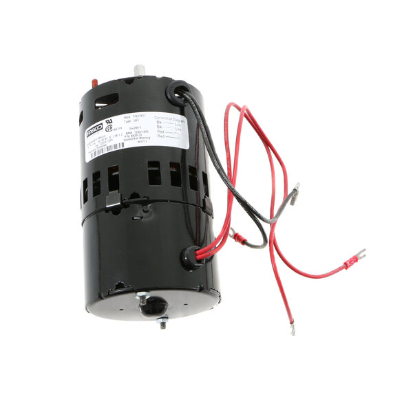 A black cylinder with wires and a white label.