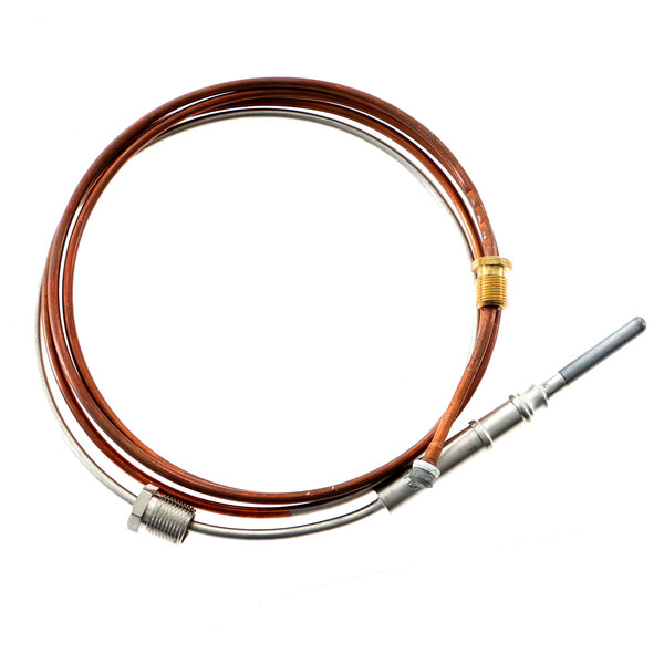 A brown and white wire with a metal connector attached to a metal probe.