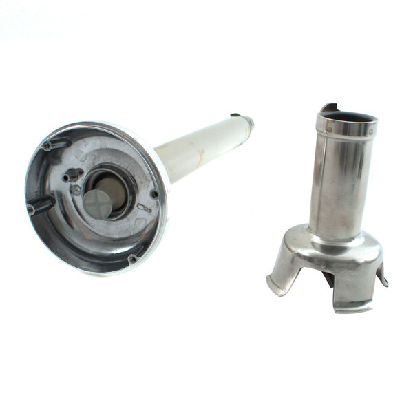 A Robot Coupe stainless steel leg kit with a metal pipe and round base.