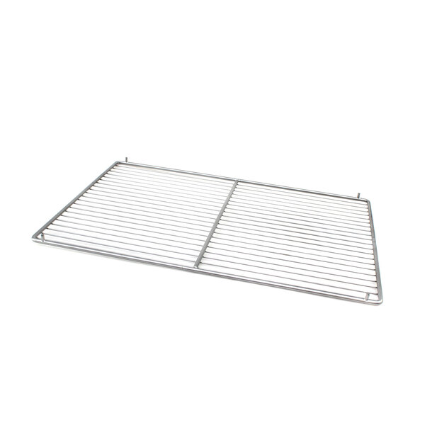 A metal grid shelf with coated metal rods.