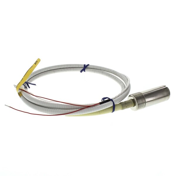 A white cable with a metal tube and yellow and white wires.