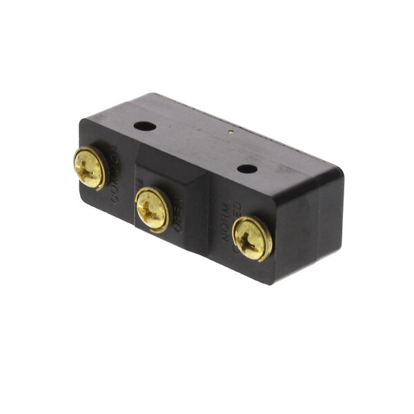 A black plastic Jade Range micro switch connector with two gold screws.