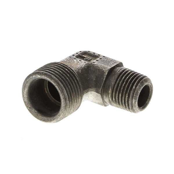 A black metal pipe fitting with nozzle.