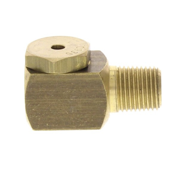 A close-up of a brass Rational nozzle with a nut.