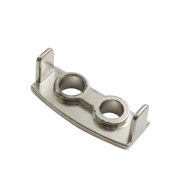 A stainless steel APW Wyott metal channel bracket with two holes.