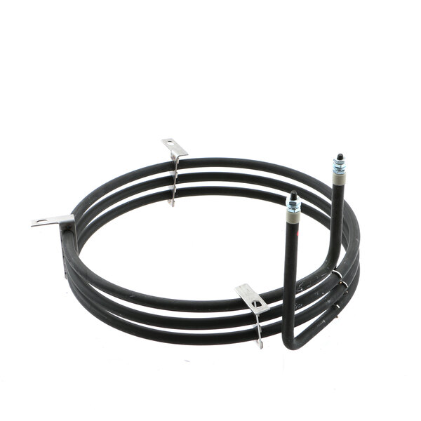 A black cable with two wires wrapped around a black coil.