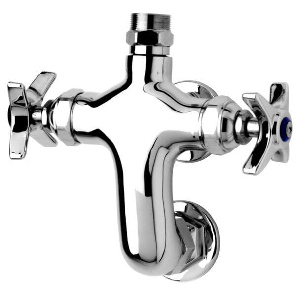 A chrome plated T&S wall mounted double pantry faucet base with vertical centers.