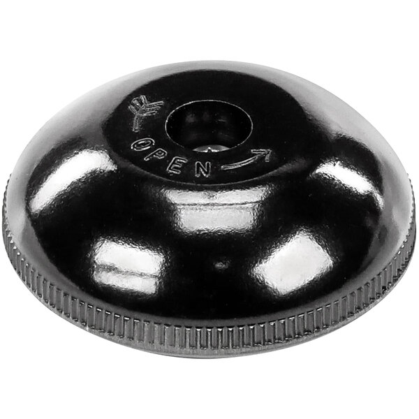 A black round plastic knob with an open hole.
