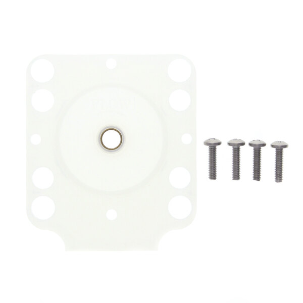 A white plastic circular plate with screws and bolts.