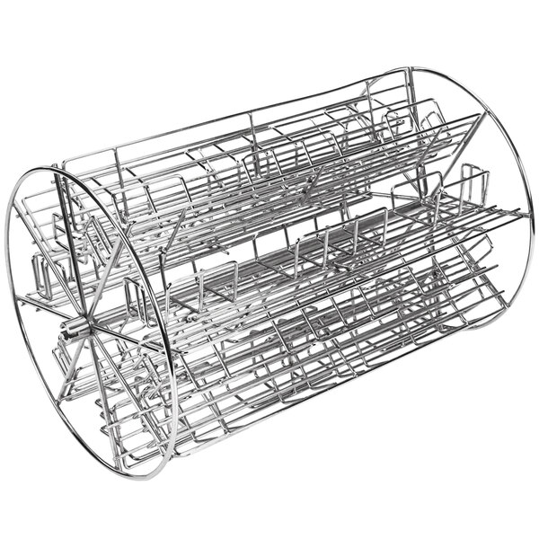 A metal carousel rack with wire baskets.