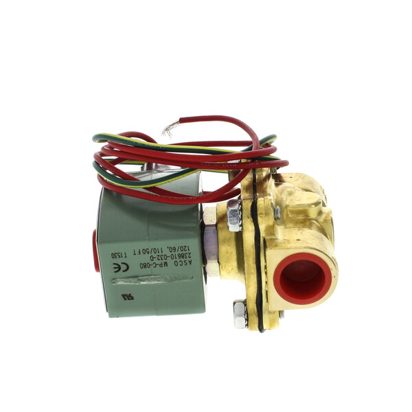 A gold Jackson solenoid valve with wires and a red wire.