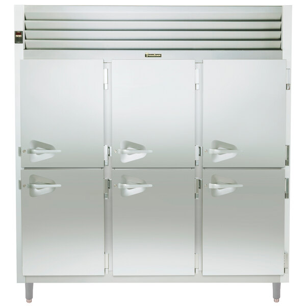 A stainless steel Traulsen refrigerator with half doors and handles.