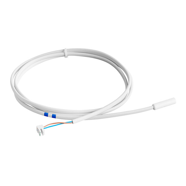 A white cable with blue and red wires attached to a white cable with blue and white wires.