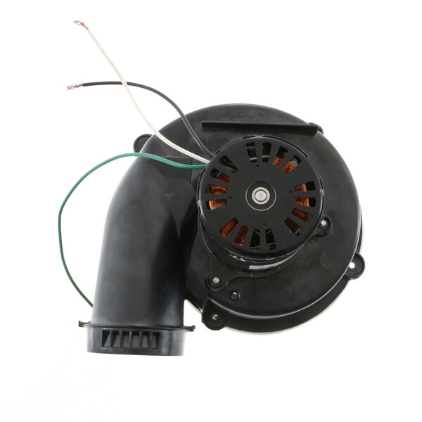 A black Henny Penny fan motor with wires attached.