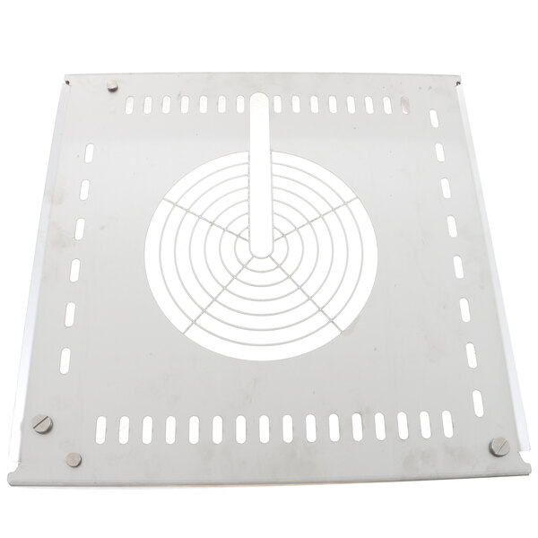 A white metal panel with a circular design and holes.
