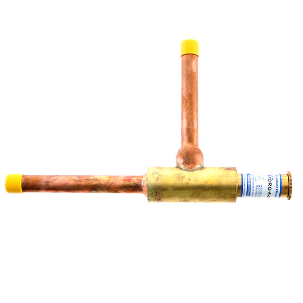 A copper capillary tube with yellow caps.