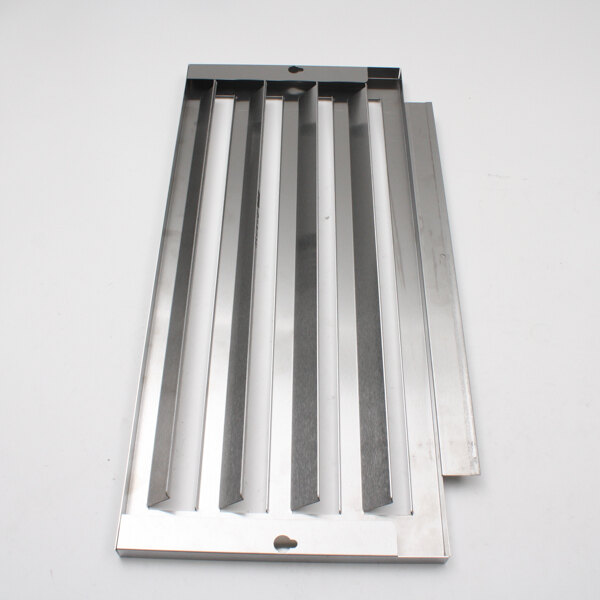 A white rectangular metal louver with four bars on it.