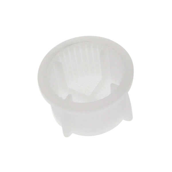 A white plastic Bunn strainer with holes.