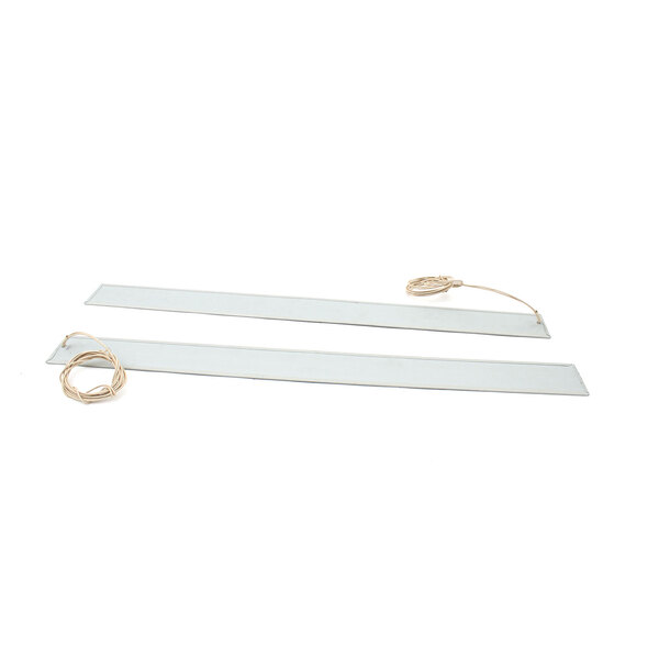 Two white rectangular metal shelves with a white string.
