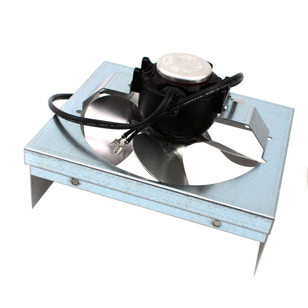The metal fan motor with black and silver cables.
