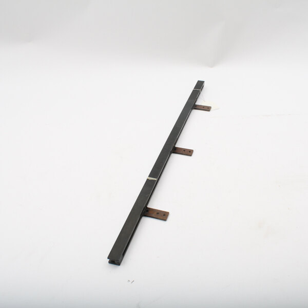 A black metal bar with two metal rods and two holes.