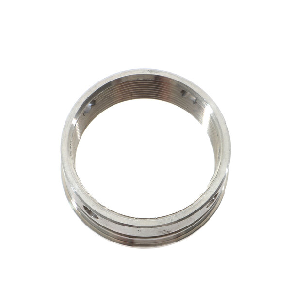 A silver stainless steel Blakeslee lock nut with a thread.