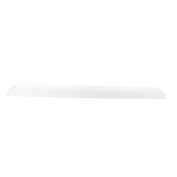 A white rectangular lens cover with blue text on a white background.