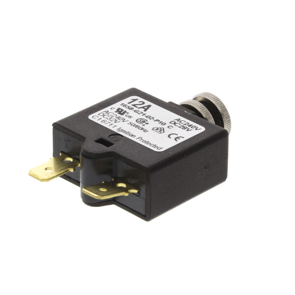 A black electrical device with a yellow switch and white label.