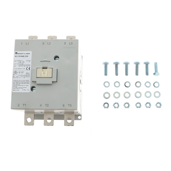 A white box with a white label containing a Rational contactor with screws and nuts.