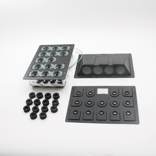 A black rectangular Master-Bilt pressure relief tray with round holes.