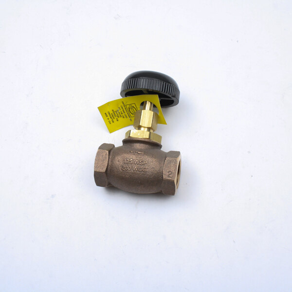 A Legion brass globe valve with a black knob.