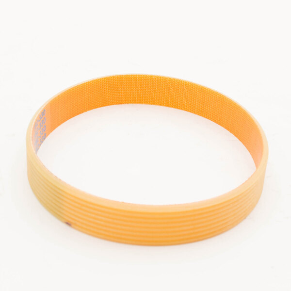 A yellow rubber belt with 8 ribs on a white surface.