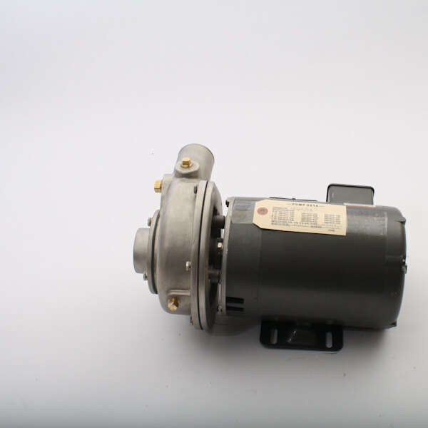 A grey electric motor with a metal housing and label.