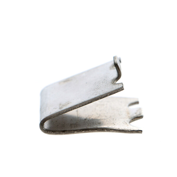 A close-up of a metal clip with a white background.