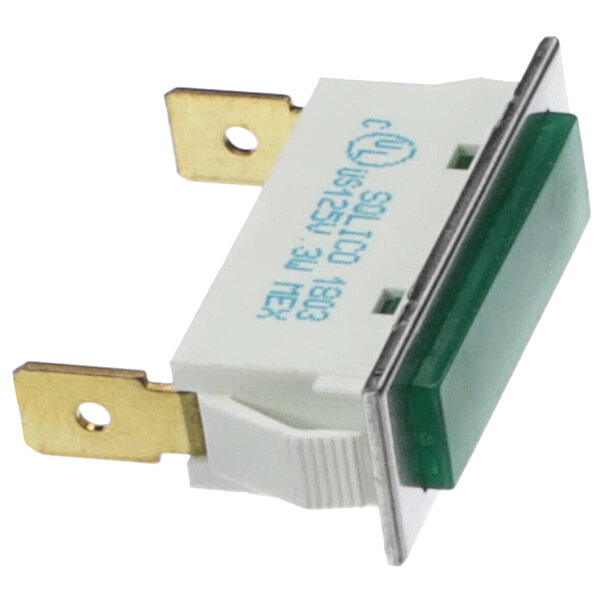 A white rectangular electrical device with blue and green text.