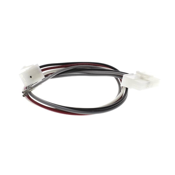 A white and red wire with a black connector.