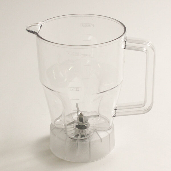 A clear Waring blender jar with handle.
